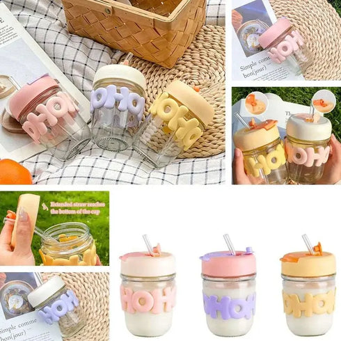 Personalised Hoho Printed Glass Tumbler with Lid and Straw - 450ml